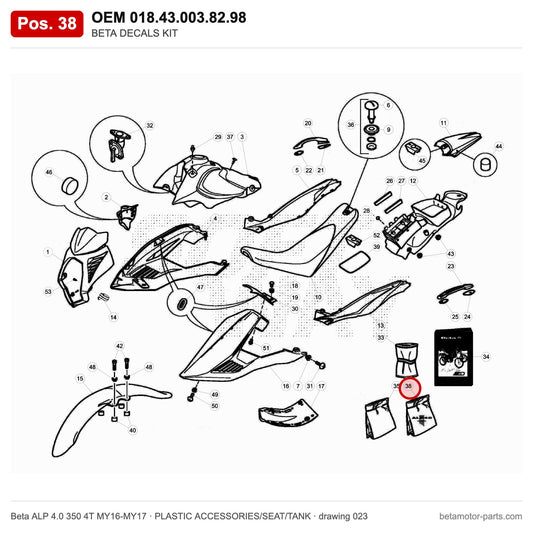 BETA DECALS KIT – OEM 018.43.003.82.98, position 38 on the Beta ALP 4.0 350 4T MY16-MY17 plastic accessories/seat/tank drawing