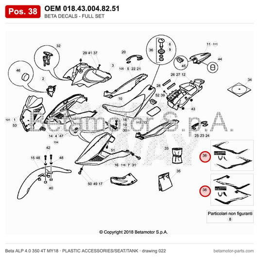 BETA DECALS - FULL SET – OEM 018.43.004.82.51, position 38 on the Beta ALP 4.0 350 4T MY18 plastic accessories/seat/tank drawing