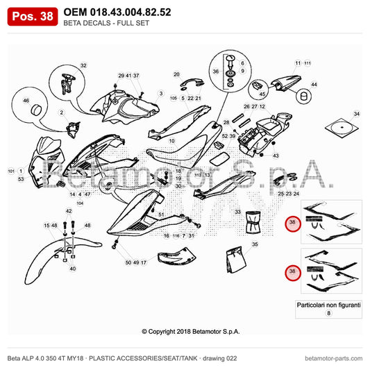 BETA DECALS - FULL SET – OEM 018.43.004.82.52, position 38 on the Beta ALP 4.0 350 4T MY18 plastic accessories/seat/tank drawing