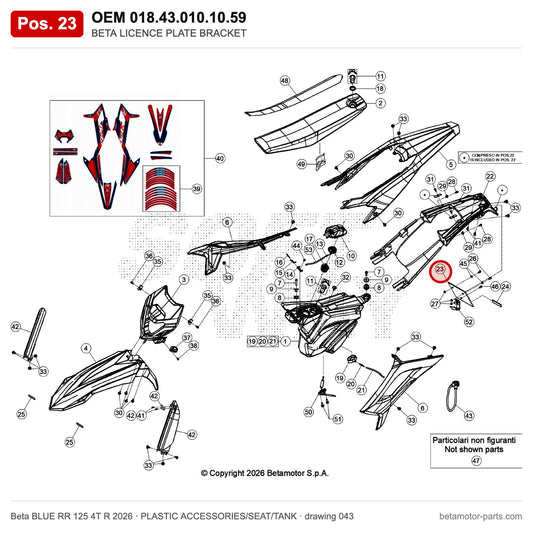 BETA LICENCE PLATE BRACKET – OEM 018.43.010.10.59, position 23 on the Beta BLUE RR 125 4T R 2026 plastic accessories/seat/tank drawing