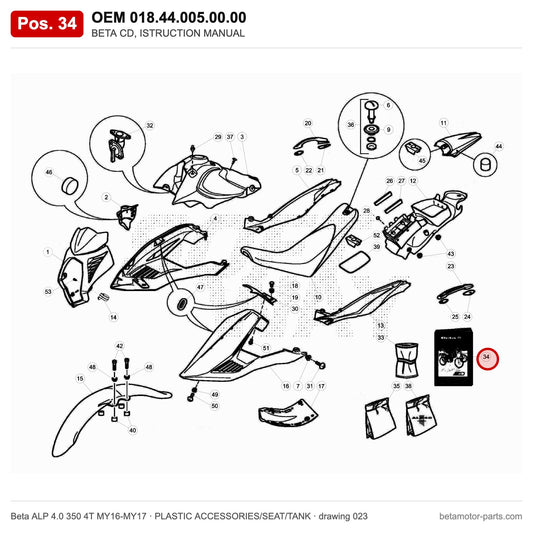 BETA CD, ISTRUCTION MANUAL – OEM 018.44.005.00.00, position 34 on the Beta ALP 4.0 350 4T MY16-MY17 plastic accessories/seat/tank drawing