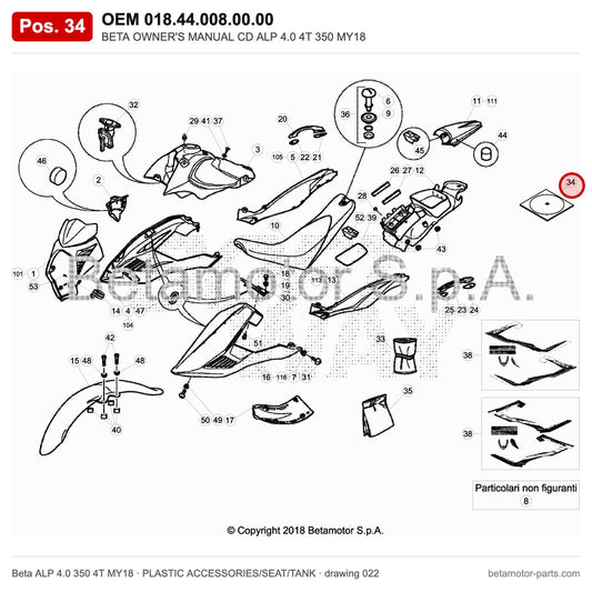 BETA OWNER'S MANUAL CD ALP 4.0 4T 350 MY18 – OEM 018.44.008.00.00, position 34 on the Beta ALP 4.0 350 4T MY18 plastic accessories/seat/tank drawing