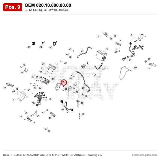 BETA CDI RR 4T MY'10, 400CC – OEM 020.10.000.80.00, position 9 on the Beta RR 400 4T STANDARD/FACTORY MY12 wiring harness drawing