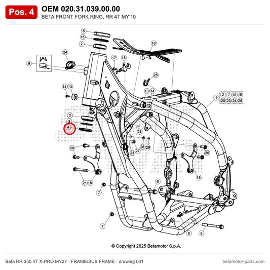 BETA FRONT FORK RING, RR 4T MY'10 – OEM 020.31.039.00.00, position 4 on the Beta RR 350 4T X-PRO MY27 frame/sub frame drawing
