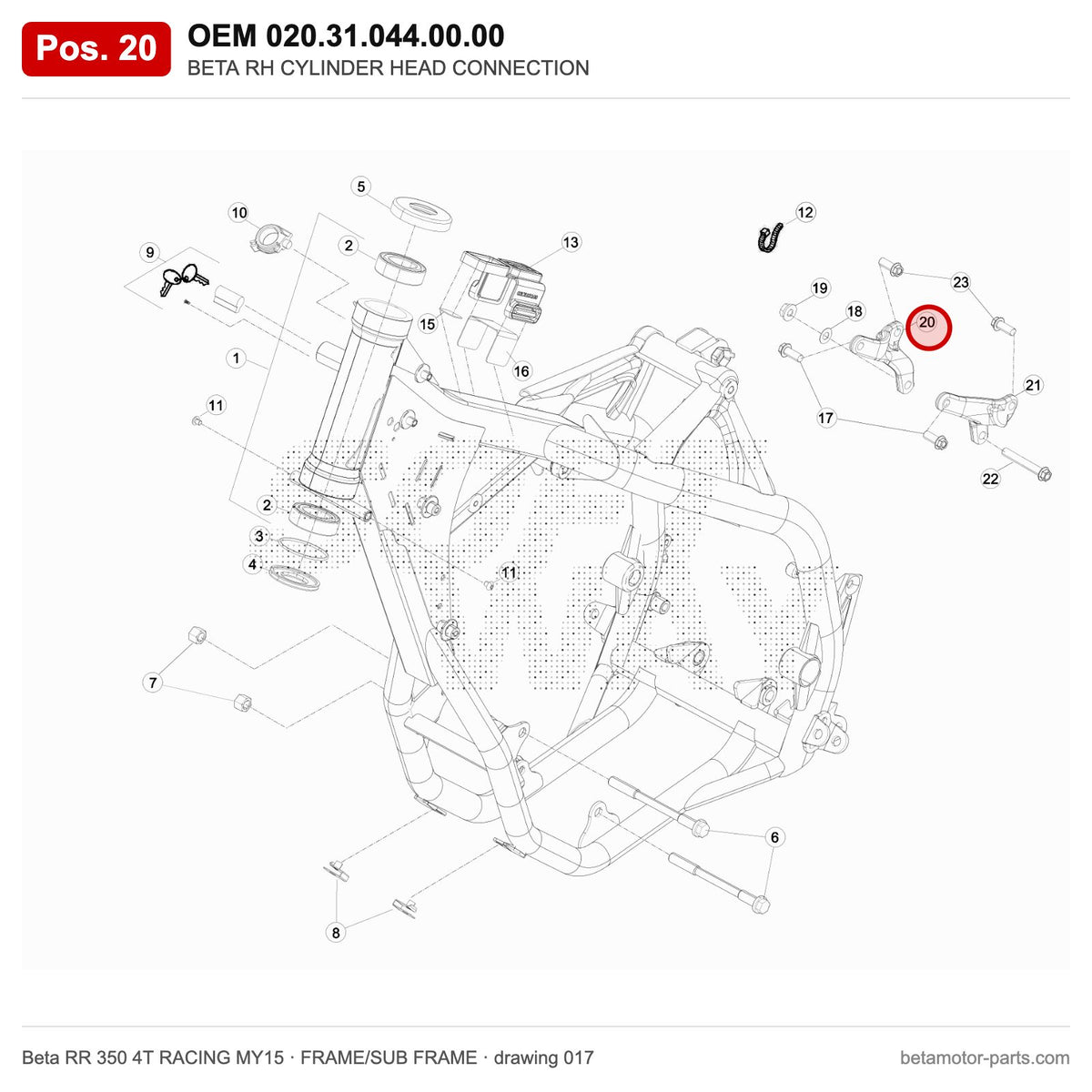 BETA RH CYLINDER HEAD CONNECTION – OEM 020.31.044.00.00, position 20 on the Beta RR 350 4T RACING MY15 frame/sub frame drawing