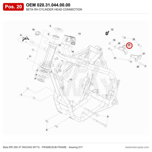 BETA RH CYLINDER HEAD CONNECTION – OEM 020.31.044.00.00, position 20 on the Beta RR 350 4T RACING MY15 frame/sub frame drawing