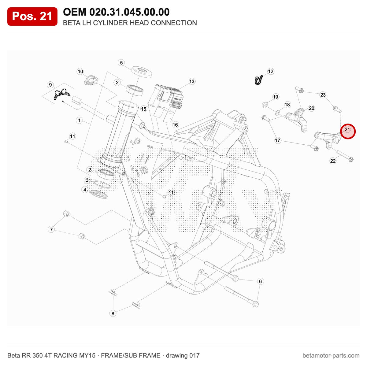 BETA LH CYLINDER HEAD CONNECTION – OEM 020.31.045.00.00, position 21 on the Beta RR 350 4T RACING MY15 frame/sub frame drawing