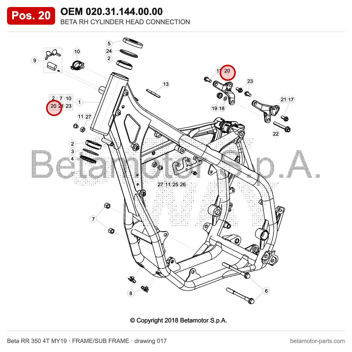BETA RH CYLINDER HEAD CONNECTION – OEM 020.31.144.00.00, position 20 on the Beta RR 350 4T MY19 frame/sub frame drawing