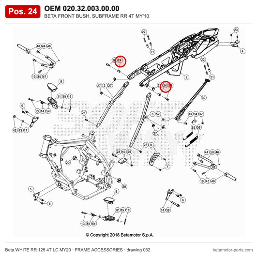 BETA FRONT BUSH, SUBFRAME RR 4T MY'10 – OEM 020.32.003.00.00, position 24 on the Beta WHITE RR 125 4T LC MY20 frame accessories drawing