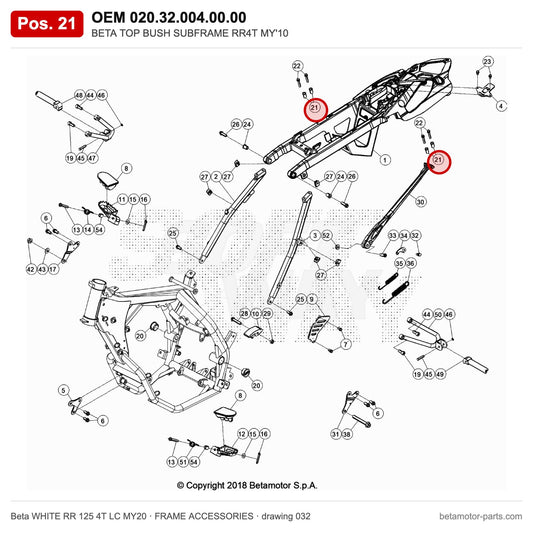 BETA TOP BUSH SUBFRAME RR4T MY'10 – OEM 020.32.004.00.00, position 21 on the Beta WHITE RR 125 4T LC MY20 frame accessories drawing