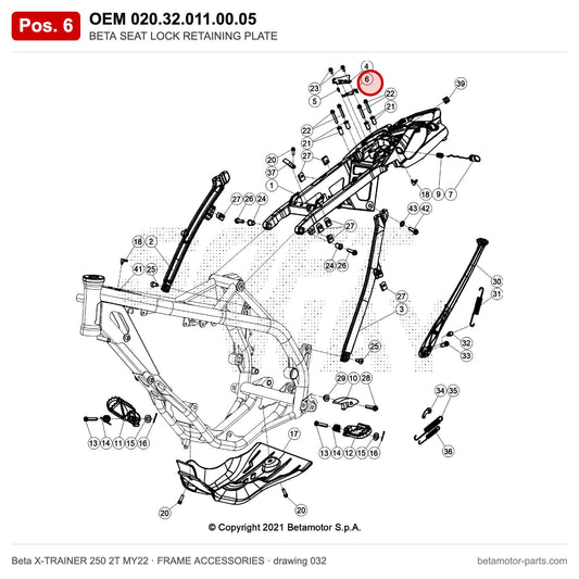 BETA SEAT LOCK RETAINING PLATE – OEM 020.32.011.00.05, position 6 on the Beta X-TRAINER 250 2T MY22 frame accessories drawing