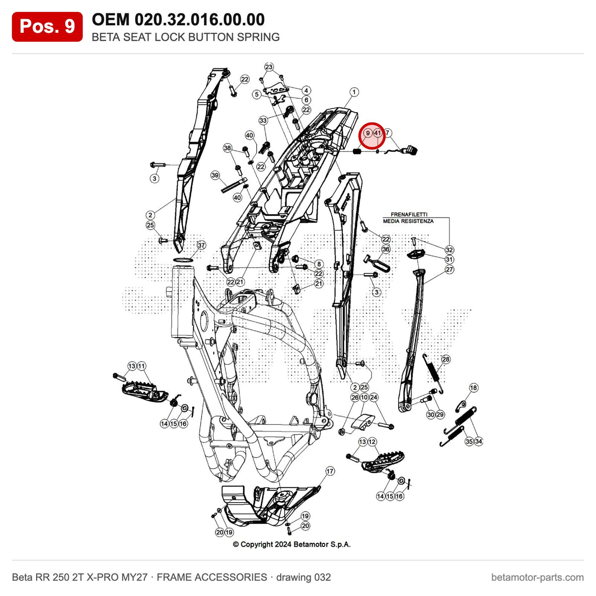 BETA SEAT LOCK BUTTON SPRING – OEM 020.32.016.00.00, position 9 on the Beta RR 250 2T X-PRO MY27 frame accessories drawing