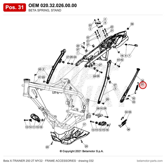 BETA SPRING, STAND – OEM 020.32.026.00.00, position 31 on the Beta X-TRAINER 250 2T MY22 frame accessories drawing