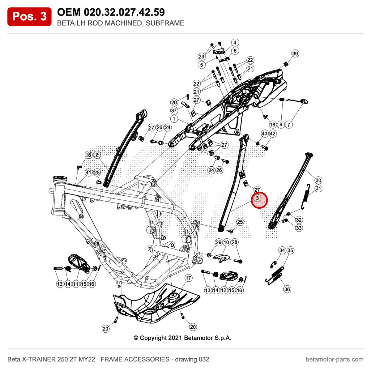 BETA LH ROD MACHINED, SUBFRAME – OEM 020.32.027.42.59, position 3 on the Beta X-TRAINER 250 2T MY22 frame accessories drawing