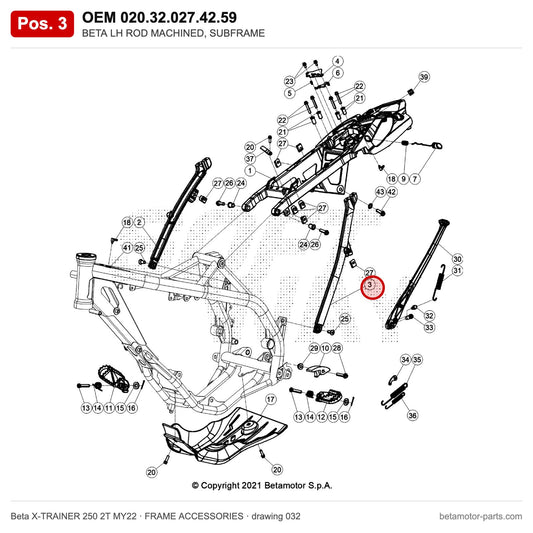 BETA LH ROD MACHINED, SUBFRAME – OEM 020.32.027.42.59, position 3 on the Beta X-TRAINER 250 2T MY22 frame accessories drawing