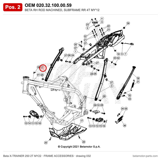 BETA RH ROD MACHINED, SUBFRAME RR 4T MY'12 – OEM 020.32.100.00.59, position 2 on the Beta X-TRAINER 250 2T MY22 frame accessories drawing