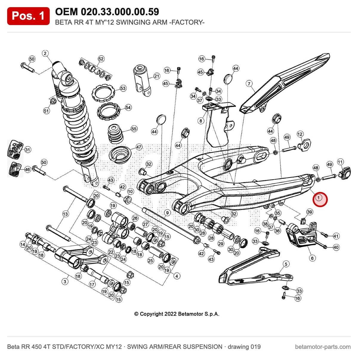 BETA RR 4T MY'12 SWINGING ARM -FACTORY- – OEM 020.33.000.00.59, position 1 on the Beta RR 450 4T STD/FACTORY/XC MY12 swing arm/rear suspension drawing