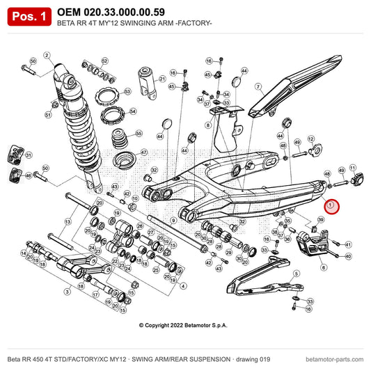 BETA RR 4T MY'12 SWINGING ARM -FACTORY- – OEM 020.33.000.00.59, position 1 on the Beta RR 450 4T STD/FACTORY/XC MY12 swing arm/rear suspension drawing