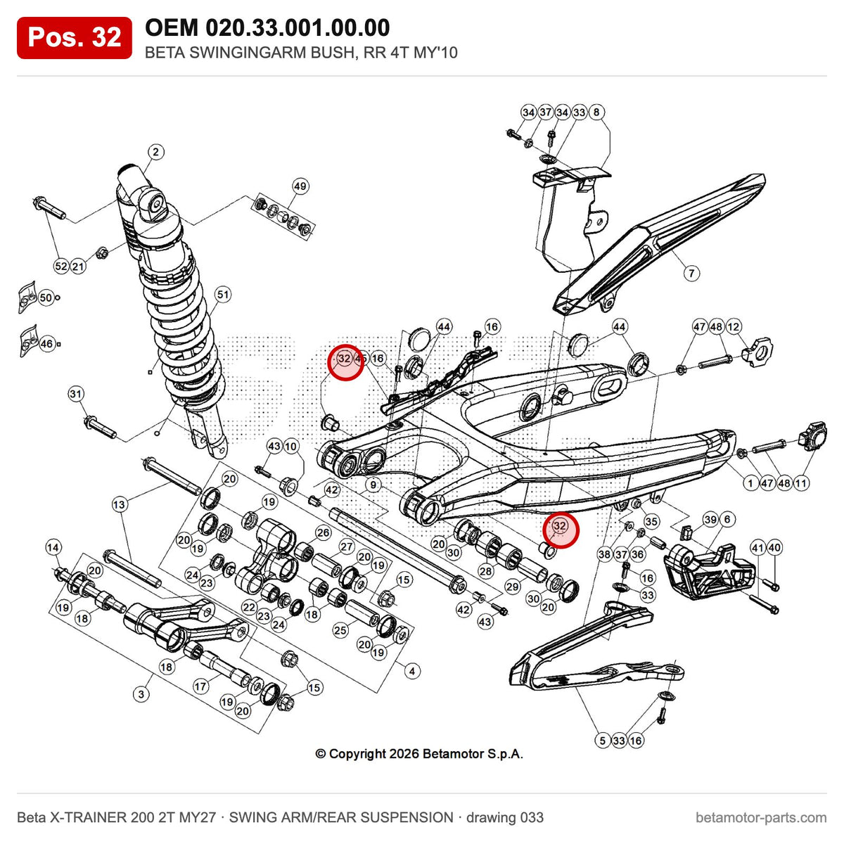 BETA SWINGINGARM BUSH, RR 4T MY'10 – OEM 020.33.001.00.00, position 32 on the Beta X-TRAINER 200 2T MY27 swing arm/rear suspension drawing