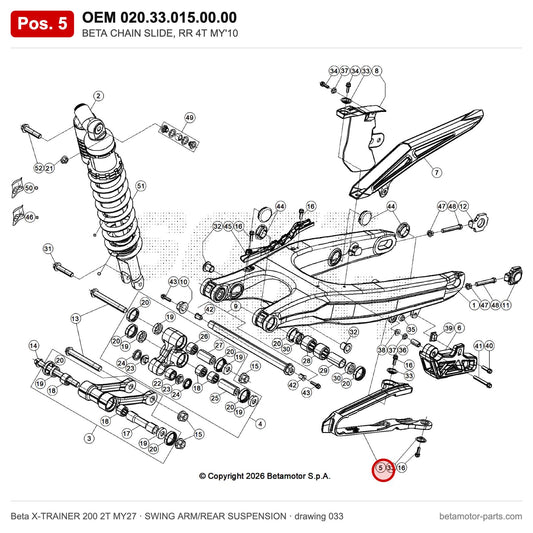 BETA CHAIN SLIDE, RR 4T MY'10 – OEM 020.33.015.00.00, position 5 on the Beta X-TRAINER 200 2T MY27 swing arm/rear suspension drawing