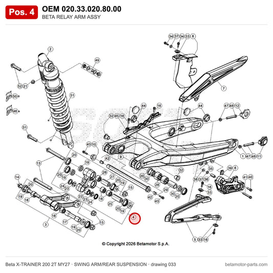BETA RELAY ARM ASSY – OEM 020.33.020.80.00, position 4 on the Beta X-TRAINER 200 2T MY27 swing arm/rear suspension drawing