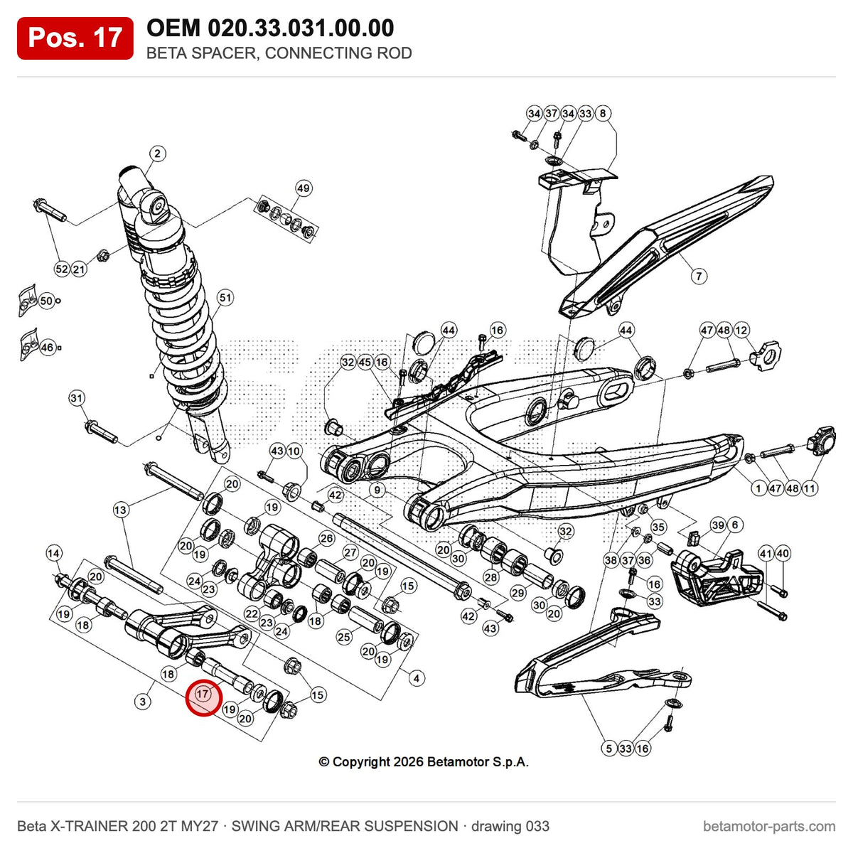 BETA SPACER, CONNECTING ROD – OEM 020.33.031.00.00, position 17 on the Beta X-TRAINER 200 2T MY27 swing arm/rear suspension drawing