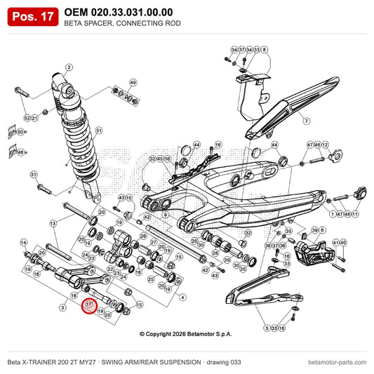 BETA SPACER, CONNECTING ROD – OEM 020.33.031.00.00, position 17 on the Beta X-TRAINER 200 2T MY27 swing arm/rear suspension drawing