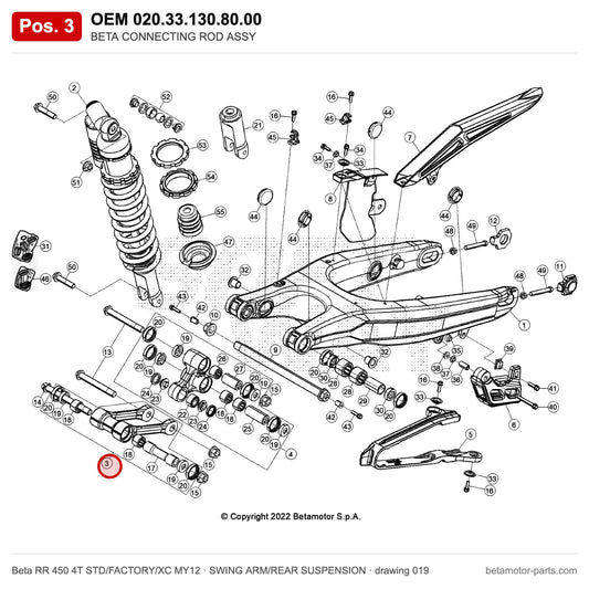 BETA CONNECTING ROD ASSY – OEM 020.33.130.80.00, position 3 on the Beta RR 450 4T STD/FACTORY/XC MY12 swing arm/rear suspension drawing