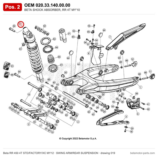 BETA SHOCK ABSORBER, RR 4T MY'10 – OEM 020.33.140.00.00, position 2 on the Beta RR 450 4T STD/FACTORY/XC MY12 swing arm/rear suspension drawing