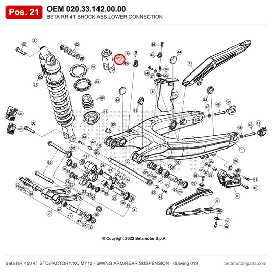 BETA RR 4T SHOCK ABS LOWER CONNECTION – OEM 020.33.142.00.00, position 21 on the Beta RR 450 4T STD/FACTORY/XC MY12 swing arm/rear suspension drawing