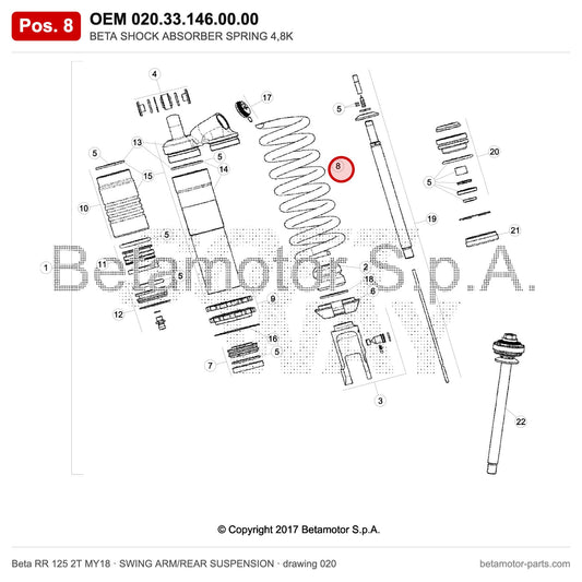BETA SHOCK ABSORBER SPRING 4,8K – OEM 020.33.146.00.00, position 8 on the Beta RR 125 2T MY18 swing arm/rear suspension drawing