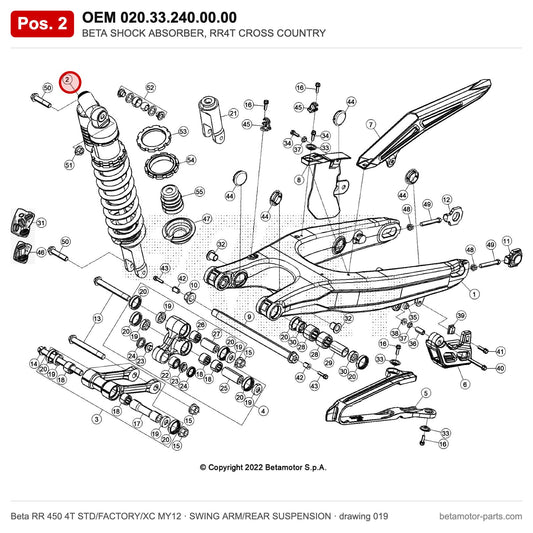 BETA SHOCK ABSORBER, RR4T CROSS COUNTRY – OEM 020.33.240.00.00, position 2 on the Beta RR 450 4T STD/FACTORY/XC MY12 swing arm/rear suspension drawing