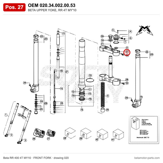 BETA UPPER YOKE, RR 4T MY'10 – OEM 020.34.002.00.53, position 27 on the Beta RR 400 4T MY10 front fork drawing