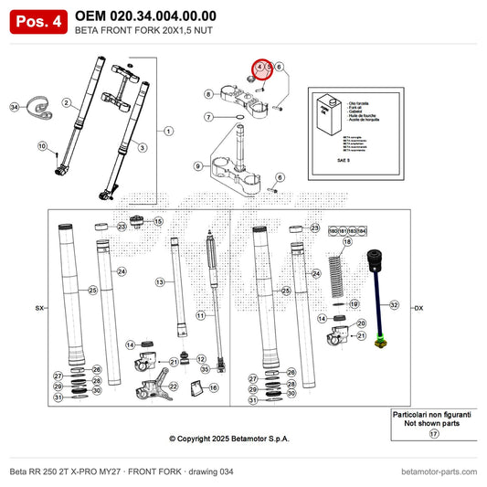 BETA FRONT FORK 20X1,5 NUT – OEM 020.34.004.00.00, position 4 on the Beta RR 250 2T X-PRO MY27 front fork drawing