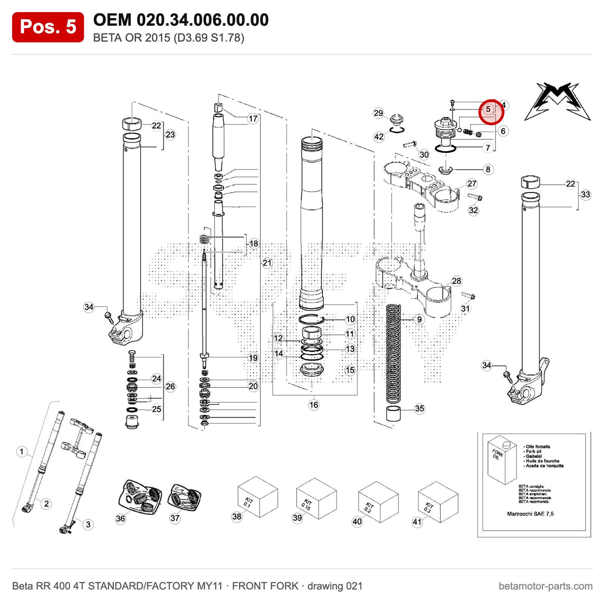 BETA OR 2015 (D3.69 S1.78) – OEM 020.34.006.00.00, position 5 on the Beta RR 400 4T STANDARD/FACTORY MY11 front fork drawing