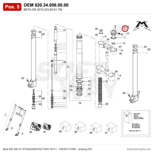 BETA OR 2015 (D3.69 S1.78) – OEM 020.34.006.00.00, position 5 on the Beta RR 400 4T STANDARD/FACTORY MY11 front fork drawing