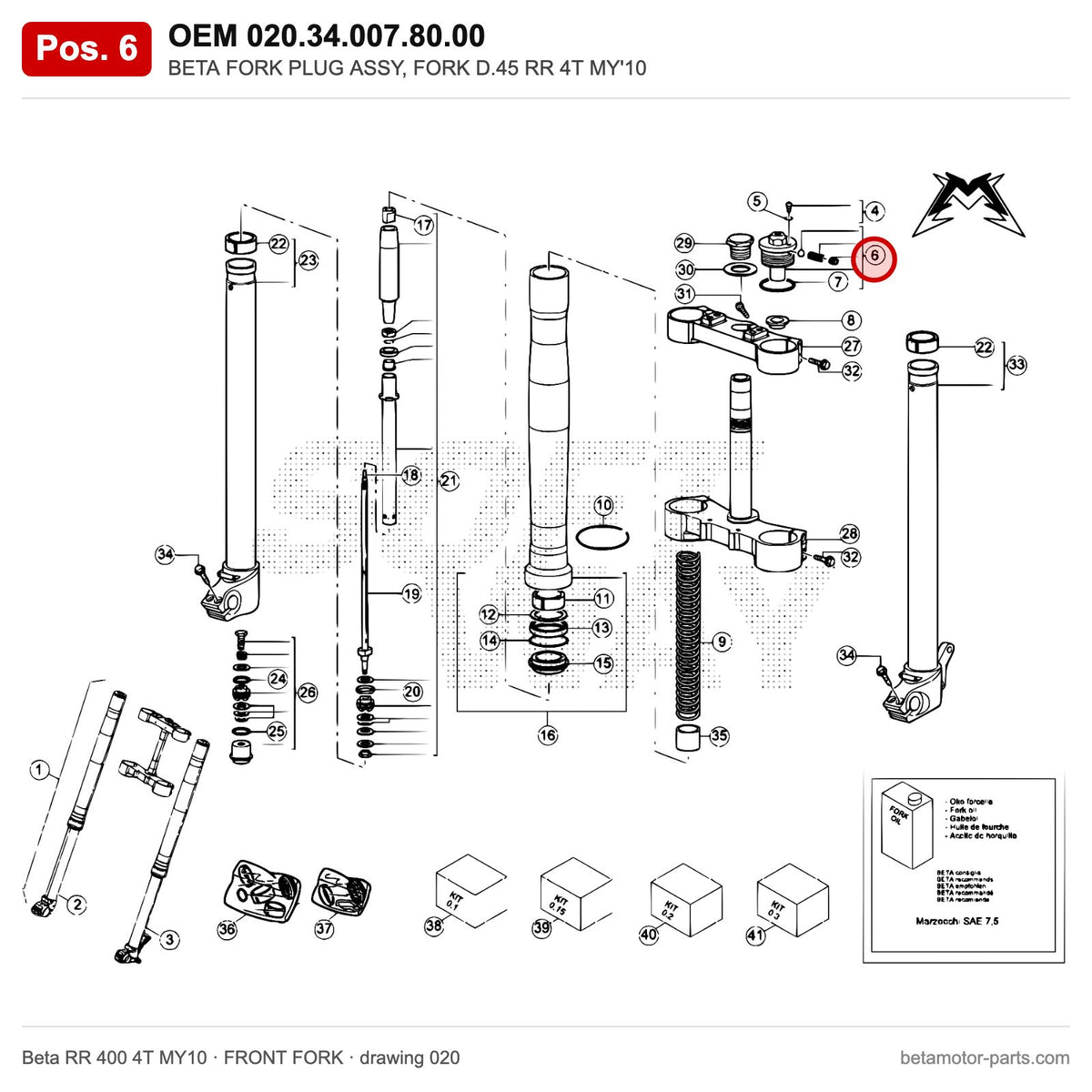 BETA FORK PLUG ASSY, FORK D.45 RR 4T MY'10 – OEM 020.34.007.80.00, position 6 on the Beta RR 400 4T MY10 front fork drawing