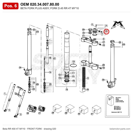 BETA FORK PLUG ASSY, FORK D.45 RR 4T MY'10 – OEM 020.34.007.80.00, position 6 on the Beta RR 400 4T MY10 front fork drawing