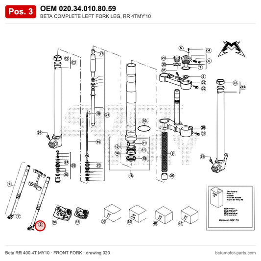 BETA COMPLETE LEFT FORK LEG, RR 4TMY'10 – OEM 020.34.010.80.59, position 3 on the Beta RR 400 4T MY10 front fork drawing
