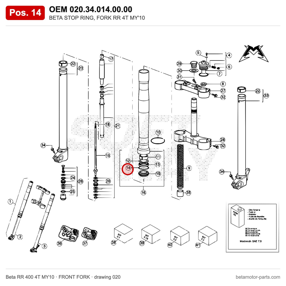 BETA STOP RING, FORK RR 4T MY'10 – OEM 020.34.014.00.00, position 14 on the Beta RR 400 4T MY10 front fork drawing