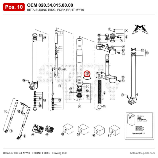 BETA SLIDING RING, FORK RR 4T MY'10 – OEM 020.34.015.00.00, position 10 on the Beta RR 400 4T MY10 front fork drawing