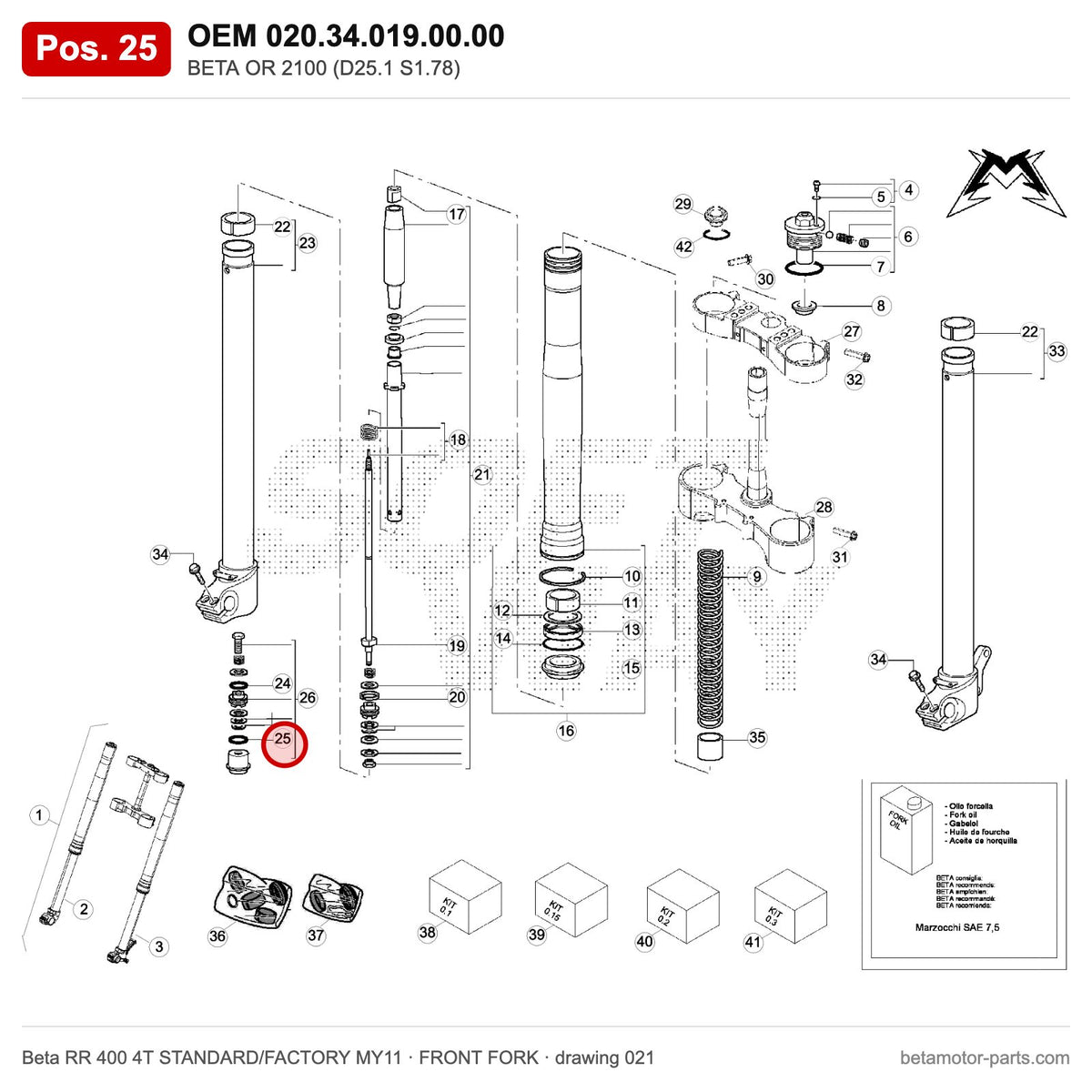 BETA OR 2100 (D25.1 S1.78) – OEM 020.34.019.00.00, position 25 on the Beta RR 400 4T STANDARD/FACTORY MY11 front fork drawing