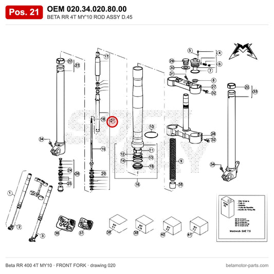 BETA RR 4T MY'10 ROD ASSY D.45 – OEM 020.34.020.80.00, position 21 on the Beta RR 400 4T MY10 front fork drawing