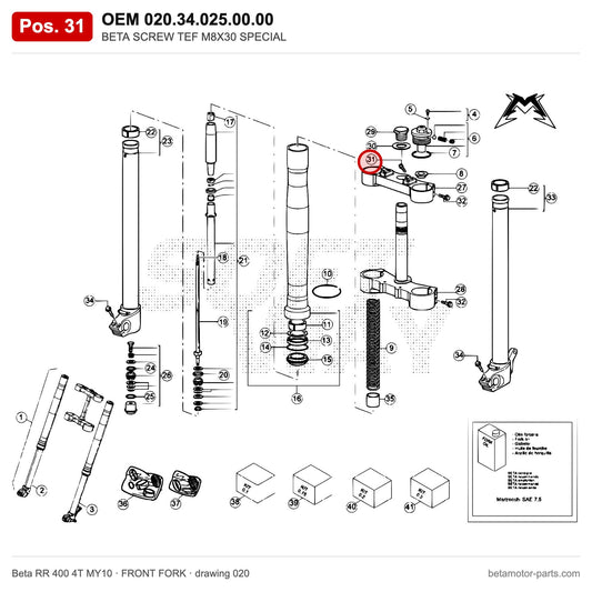 BETA SCREW TEF M8X30 SPECIAL – OEM 020.34.025.00.00, position 31 on the Beta RR 400 4T MY10 front fork drawing
