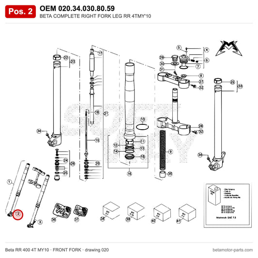BETA COMPLETE RIGHT FORK LEG RR 4TMY'10 – OEM 020.34.030.80.59, position 2 on the Beta RR 400 4T MY10 front fork drawing