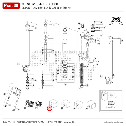 BETA KIT LAM.S.0,1 FORK D.45 RR 4TMY'10 – OEM 020.34.050.80.00, position 38 on the Beta RR 400 4T STANDARD/FACTORY MY11 front fork drawing