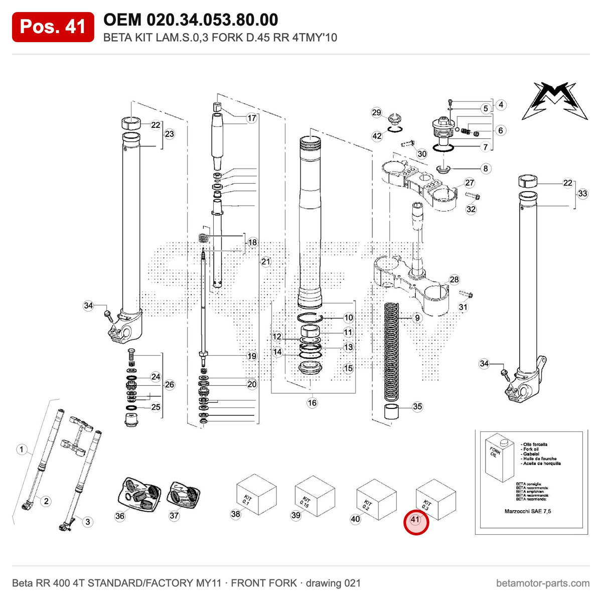 BETA KIT LAM.S.0,3 FORK D.45 RR 4TMY'10 – OEM 020.34.053.80.00, position 41 on the Beta RR 400 4T STANDARD/FACTORY MY11 front fork drawing