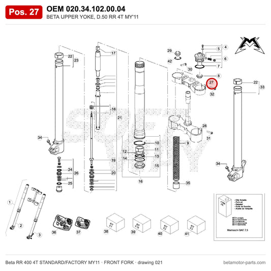 BETA UPPER YOKE, D.50 RR 4T MY'11 – OEM 020.34.102.00.04, position 27 on the Beta RR 400 4T STANDARD/FACTORY MY11 front fork drawing