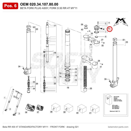 BETA FORK PLUG ASSY, FORK D.50 RR 4T MY'11 – OEM 020.34.107.80.00, position 6 on the Beta RR 400 4T STANDARD/FACTORY MY11 front fork drawing
