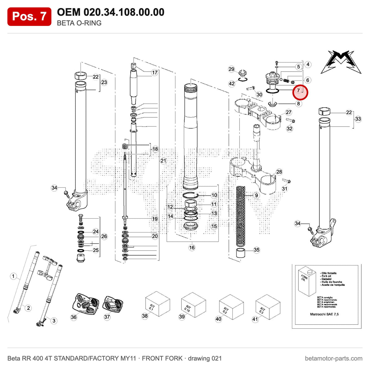 BETA O-RING – OEM 020.34.108.00.00, position 7 on the Beta RR 400 4T STANDARD/FACTORY MY11 front fork drawing